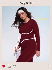 Easithlete Women's Plus Size Burgundy 2 Pieces Long Sleeve Pants Sports Set - Burgundy - View 2