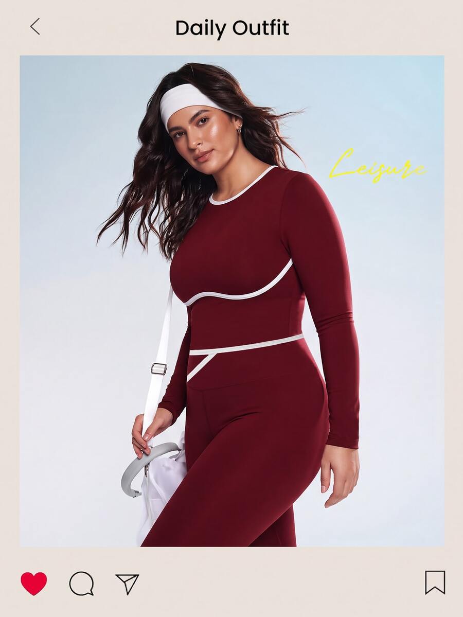 Easithlete Women's Plus Size Burgundy 2 Pieces Long Sleeve Pants Sports Set
