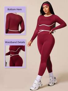 Easithlete Women's Plus Size Burgundy 2 Pieces Long Sleeve Pants Sports Set - Burgundy - View 4