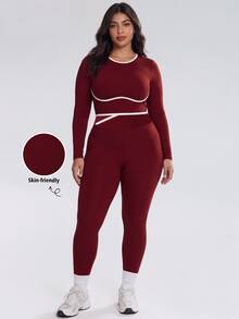 Easithlete Women's Plus Size Burgundy 2 Pieces Long Sleeve Pants Sports Set - Burgundy - View 9