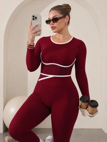 Easithlete Women's Plus Size Burgundy 2 Pieces Long Sleeve Pants Sports Set - Burgundy - View 6