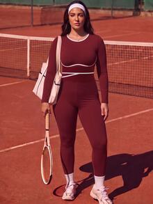 Easithlete Women's Plus Size Burgundy 2 Pieces Long Sleeve Pants Sports Set - Burgundy - View 8