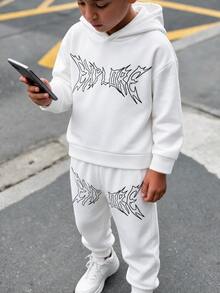 2pcs Kids Teen Boys Casual Sports Streetwear Letter Pattern White Hoodie And Black Letter Fleece Long Sleeve Sweatshirt With Fleece White Sweatpants Long Pants, Suitable For Commuting, School, Daily Casual Outings, Sports, Autumn/Winter - White - View 5
