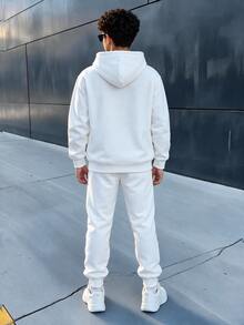 2pcs Kids Teen Boys Casual Sports Streetwear Letter Pattern White Hoodie And Black Letter Fleece Long Sleeve Sweatshirt With Fleece White Sweatpants Long Pants, Suitable For Commuting, School, Daily Casual Outings, Sports, Autumn/Winter - White - View 3