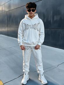 2pcs Kids Teen Boys Casual Sports Streetwear Letter Pattern White Hoodie And Black Letter Fleece Long Sleeve Sweatshirt With Fleece White Sweatpants Long Pants, Suitable For Commuting, School, Daily Casual Outings, Sports, Autumn/Winter - White - View 4