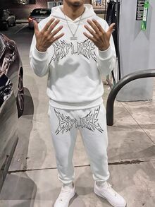 2pcs Kids Teen Boys Casual Sports Streetwear Letter Pattern White Hoodie And Black Letter Fleece Long Sleeve Sweatshirt With Fleece White Sweatpants Long Pants, Suitable For Commuting, School, Daily Casual Outings, Sports, Autumn/Winter - White - View 6