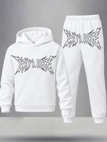 2pcs Kids Teen Boys Casual Sports Streetwear Letter Pattern White Hoodie And Black Letter Fleece Long Sleeve Sweatshirt With Fleece White Sweatpants Long Pants, Suitable For Commuting, School, Daily Casual Outings, Sports, Autumn/Winter - White - View 2