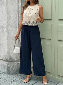 SHEIN Clasi 優雅女款紋理百褶上衣花卉寬腿褲套裝 海軍藍花卉 夏季休閒 教師節穿搭 花園派對 度假早午餐 - 藏蓝色 - 查看 5