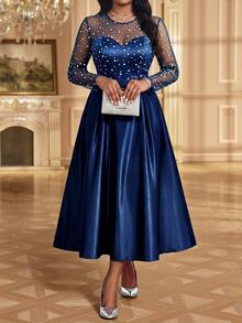 Fleurora Plus Size Formal Mesh Patchwork Dress Wedding Cocktail Navy Blue Autumn Elegant Birthday Luxury Evening Occasion Fall - Navy Blue - View 7