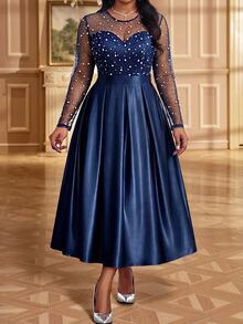 Fleurora Plus Size Formal Mesh Patchwork Dress Wedding Cocktail Navy Blue Autumn Elegant Birthday Luxury Evening Occasion Fall - Navy Blue - View 6