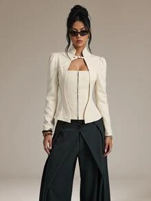 SHEIN PETITE Women's Elegant Cinched Waist Long Sleeve Blazer With Buckle Design - White - View 1