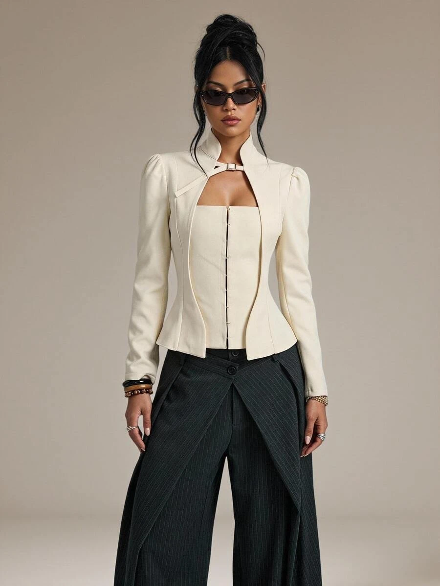 SHEIN PETITE Women's Elegant Cinched Waist Long Sleeve Blazer With Buckle Design - White - View 1