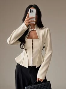 SHEIN PETITE Women's Elegant Cinched Waist Long Sleeve Blazer With Buckle Design - White - View 4