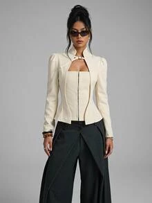 SHEIN PETITE Women's Elegant Cinched Waist Long Sleeve Blazer With Buckle Design - White - View 6