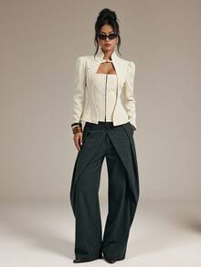 SHEIN PETITE Women's Elegant Cinched Waist Long Sleeve Blazer With Buckle Design - White - View 3