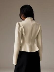 SHEIN PETITE Women's Elegant Cinched Waist Long Sleeve Blazer With Buckle Design - White - View 2