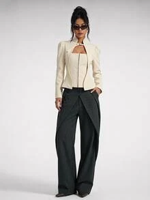 SHEIN PETITE Women's Elegant Cinched Waist Long Sleeve Blazer With Buckle Design - White - View 8