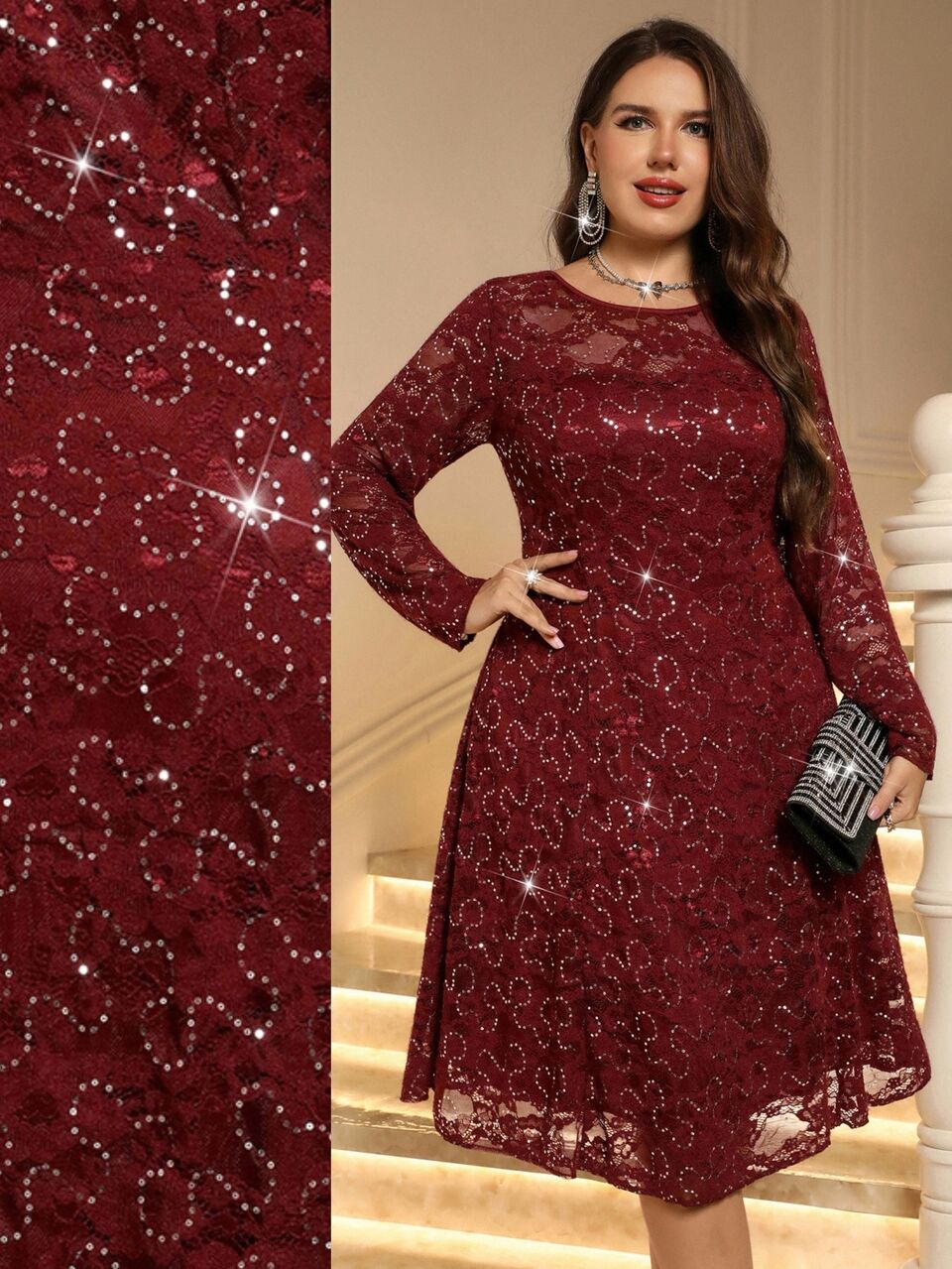 Plus Size Women's Elegant Autumn/Winter Party Sexy Floral Lace Shiny Date Red Dress,Burgundy Luxury Evening ,Wedding Guest,Night Out,Fall,Christmas