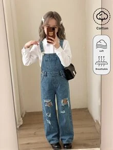 SHEIN Girls' Deep Blue Denim Loose Distressed Overalls Fall Clothes Winter Casual - Blue - View 8