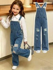 SHEIN Girls' Deep Blue Denim Loose Distressed Overalls Fall Clothes Winter Casual - Blue - View 1