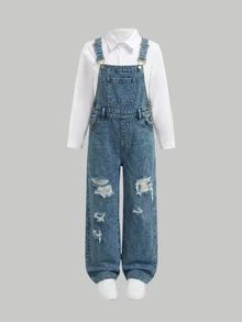 SHEIN Girls' Deep Blue Denim Loose Distressed Overalls Fall Clothes Winter Casual - Blue - View 4