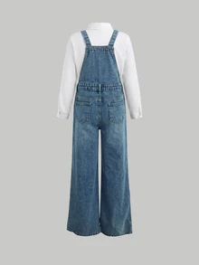 SHEIN Girls' Deep Blue Denim Loose Distressed Overalls Fall Clothes Winter Casual - Blue - View 5