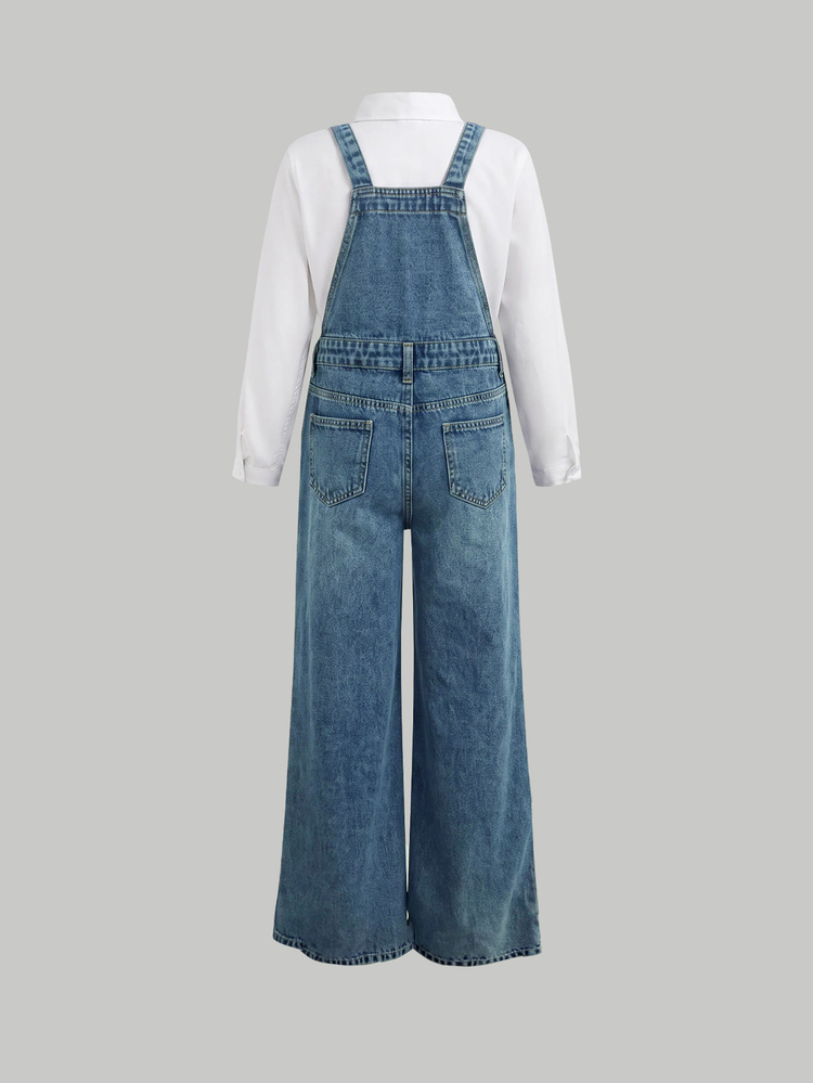 SHEIN Overall Denim Biru Tua Longgar Bergaya Rusak untuk Anak Perempuan, Pakaian Musim Gugur dan Musim Dingin Kasual - Biru - View 5