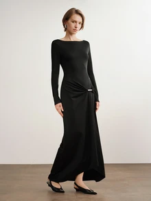 Briarwyn Women's Solid Color Elegant Long Sleeve Dress With Ruched Waist And Metal Buckle Detail, Winter - Black - View 7