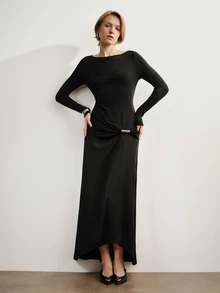 Briarwyn Women's Solid Color Elegant Long Sleeve Dress With Ruched Waist And Metal Buckle Detail, Winter - Black - View 6