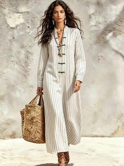 SHEIN Holidaya Autumn Women's Stand Collar Long Sleeve Apricot Striped Dress, Loose Casual Outfit With Frog Button Decor, French Vintage Elegant Outing Dress