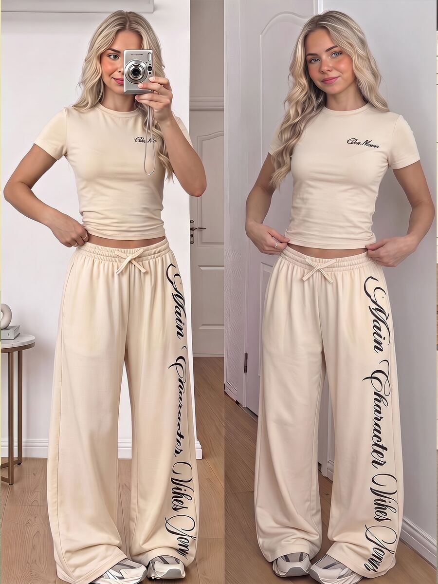 Tween Girl Letter Print T-Shirt & Pants Set, Fall Outfits, Autumn - Yellow - View 1