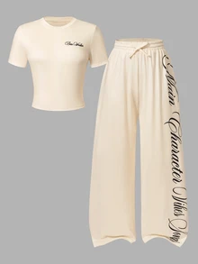 Tween Girl Letter Print T-Shirt & Pants Set, Fall Outfits, Autumn - Yellow - View 3