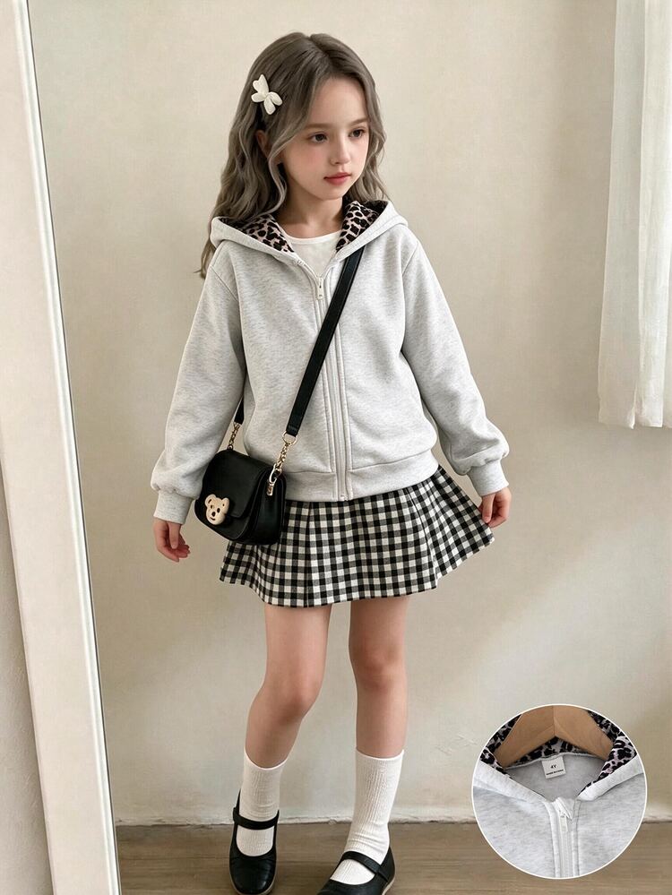 Young Girls Casual White Leopard Print Hooded Zip-Up Sweatshirt, Y2K Style, Streetwear, Retro, Back To School, Autumn/Winter Casual, Girls Casual, Autumn/Winter, Campus Style, Country Style, Hip Hop, Leopard Print Long Sleeve Top, Sweatshirt Jacket - Light Grey - View 3