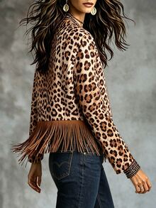 Omancia Jaket Pendek Wanita Gaya Barat Musim Gugur dan Jalanan dengan Motif Leopard dan Kerah Berumbai Gradien Warna Cokelat - MultiWarna - View 2