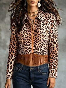 Omancia Jaket Pendek Wanita Gaya Barat Musim Gugur dan Jalanan dengan Motif Leopard dan Kerah Berumbai Gradien Warna Cokelat - MultiWarna - View 7
