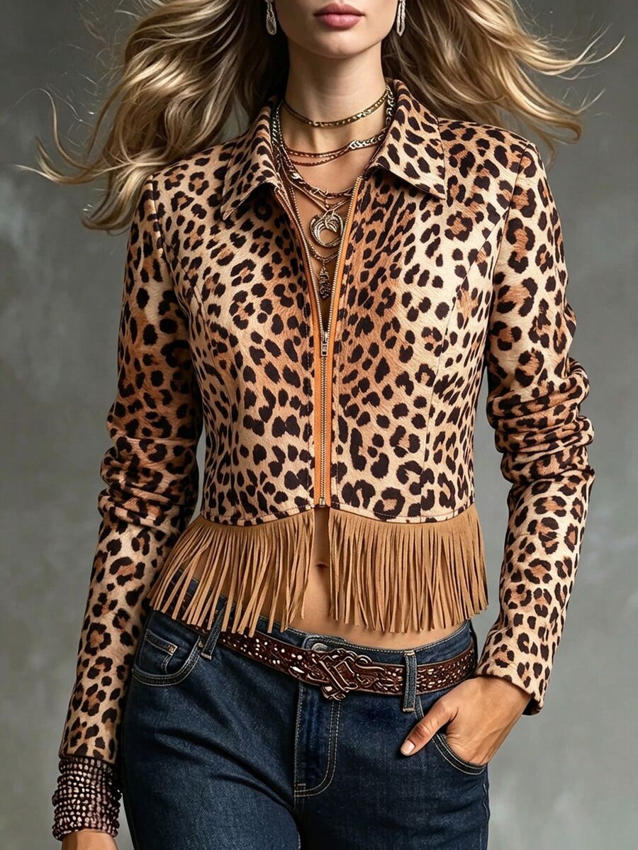 Omancia Jaket Pendek Wanita Gaya Barat Musim Gugur dan Jalanan dengan Motif Leopard dan Kerah Berumbai Gradien Warna Cokelat - MultiWarna - View 1