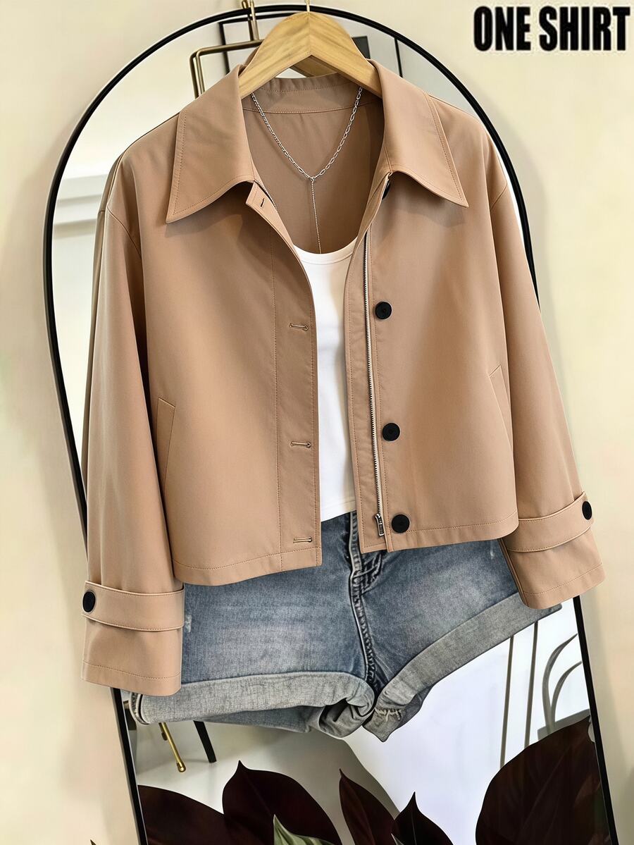 SHEIN Franclia 卡其色女款短款風衣外套 / 翻領寬鬆版型小個子優雅通勤短夾克 / 休閒工作服簡約外套 - 卡其色 - 查看 1