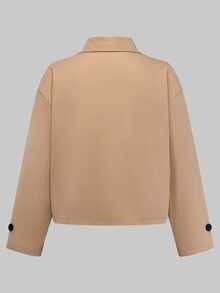 SHEIN Franclia 卡其色女款短款風衣外套 / 翻領寬鬆版型小個子優雅通勤短夾克 / 休閒工作服簡約外套 - 卡其色 - 查看 2