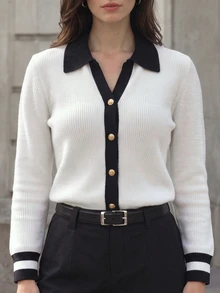 Velvienne Plus Size Women's Contrast Color Polo Collar Ribbed Knit Top, Luxury Metal Gold Button Slim Fit Long Sleeve Sweater, Colorblock Cuffs, Flattering Commuter Style, Elastic Versatile Elegant Knitwear - Black and White - View 7