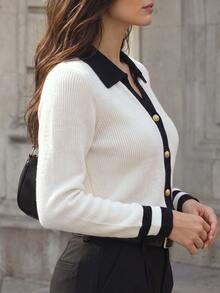 Velvienne Plus Size Women's Contrast Color Polo Collar Ribbed Knit Top, Luxury Metal Gold Button Slim Fit Long Sleeve Sweater, Colorblock Cuffs, Flattering Commuter Style, Elastic Versatile Elegant Knitwear - Black and White - View 5