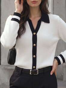 Velvienne Plus Size Women's Contrast Color Polo Collar Ribbed Knit Top, Luxury Metal Gold Button Slim Fit Long Sleeve Sweater, Colorblock Cuffs, Flattering Commuter Style, Elastic Versatile Elegant Knitwear - Black and White - View 6