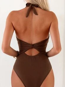 Oceva 1 buah Baju Renang Terusan Wanita Warna Polos dengan Dekorasi Logam untuk Liburan Santai - Coffee Brown - View 2