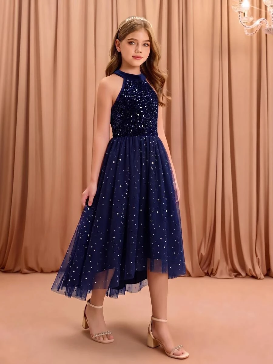 Tween Girl Round Neck Sleeveless Sequin Contrast Mesh Elegant Short Front Long Back Party Dress, Suitable For Christmas, Autumn Fall