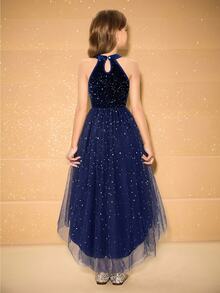 Tween Girl Round Neck Sleeveless Sequin Contrast Mesh Elegant Short Front Long Back Party Dress, Suitable For Christmas, Autumn Fall - Blue - View 3