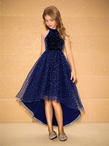 Tween Girl Round Neck Sleeveless Sequin Contrast Mesh Elegant Short Front Long Back Party Dress, Suitable For Christmas, Autumn Fall - Blue - View 7