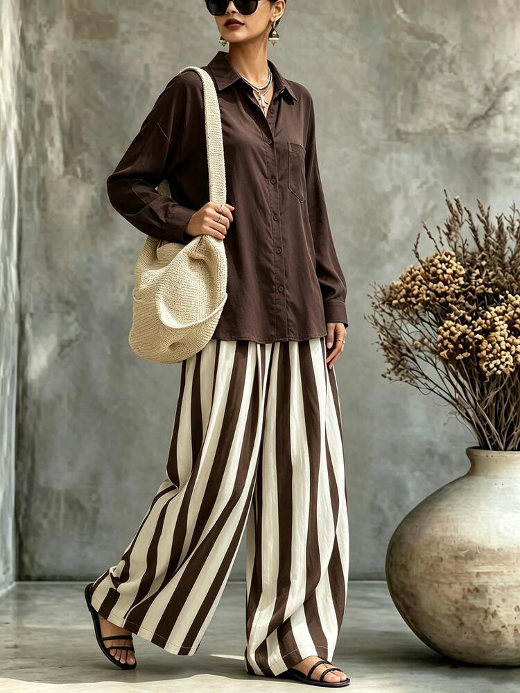 Trelyra Women's Solid Color Long Sleeve Single-Breasted Shirt And Striped Wide Leg Pants 2 Pieces Set - Black - View 4
