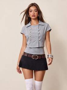Rina Fox Set Atasan Pendek dan Tank Top Kasual Wanita Warna Polos dengan Desain Kancing - Grey - View 4
