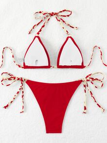 Swim Basics 女款性感紅色掛脖綁背比基尼套裝，短版上衣與泳褲布料泳裝，夏季女裝，海灘穿搭，優雅派對風 - 彩色 - 查看 3