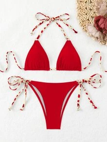 Swim Basics 女款性感紅色掛脖綁背比基尼套裝，短版上衣與泳褲布料泳裝，夏季女裝，海灘穿搭，優雅派對風 - 彩色 - 查看 2