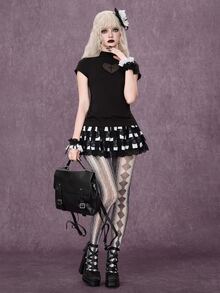 ROMWE Goth Kaos Wanita Lengan Pendek Slim Fit dengan Kerah Tegak dan Patchwork Jala Kasual Serbaguna - Hitam - View 2